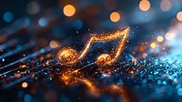 Glowing golden musical note symbol with sparkling particles and bokeh lights on dark blue background, creating magical atmosphere for music designs.
