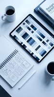 Designer workspace with tablet displaying color palette, sketchbook with wireframe layouts, design books, and coffee cups on white surface, overhead view for creative projects.