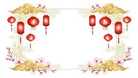 Traditional Chinese New Year frame with red lanterns and plum blossoms on white background, isolated decorative border for festive design projects.
