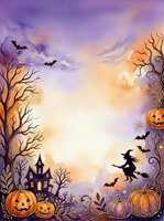 Watercolor Halloween border frame with pumpkins, witch, bats, haunted house, and bare trees in purple and orange tones with copy space.