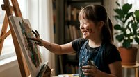 Young Asian girl with Down syndrome painting on easel in bright home studio, enjoying creative art therapy session with colorful brushes and paints.