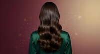 Woman with long wavy brown hair from behind wearing green top against gradient background with sparkles for beauty and hair care concepts.