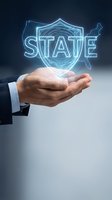 Businessman hand holding glowing digital shield with state security concept and map outline, representing data protection and governance for business and government applications.