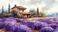 Rustic farmhouse amid blooming lavender fields in Provence style landscape, watercolor artwork with purple flowers, cypress trees and cloudy summer sky.