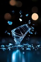 Shattered glass fragments floating in dark space with blue illumination and bokeh effects create dramatic composition for backgrounds and artistic designs.