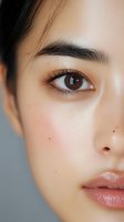 Close-up portrait of young Asian woman with natural makeup, flawless skin, brown eyes, defined eyebrows and glossy lips against neutral background.