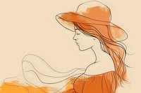 Elegant line art of woman with flowing red hair wearing wide-brimmed hat and dress in orange tones against beige background, minimalist fashion illustration style.
