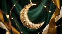 Golden crescent moon ornament with intricate patterns on emerald green silk fabric background with warm bokeh lights for luxury holiday decoration.