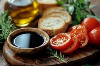 Fresh Mediterranean ingredients on rustic wooden board with balsamic vinegar, olive oil, sliced tomatoes, bread and aromatic herbs for cooking or salad preparation.
