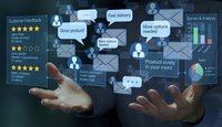 Business professional hands presenting digital customer feedback interface with rating stars, communication icons and data analytics charts.
