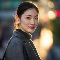 Young Asian businesswoman smiling confidently in urban setting with warm evening bokeh lights creating professional corporate atmosphere for marketing.