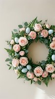 Easter spring wreath with pink roses, ranunculus, eucalyptus and blue eggs on neutral background for seasonal home decor and holiday celebrations.