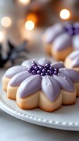 Elegant flower-shaped cake with purple icing and berry decoration on white plate in cozy bakery setting for special occasions and celebrations.