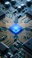 Glowing blue microchip processor on circuit board with golden pathways and electronic components for technology and computing concepts.