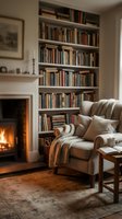 Cozy reading nook with built-in bookshelf, comfortable armchair and warm fireplace creating inviting home library atmosphere for relaxation and study.