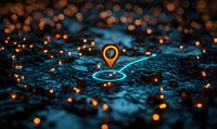 Glowing location pin marker on abstract night city map with orange bokeh lights and neon blue circle, representing GPS navigation and location services.