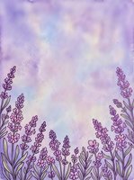 Watercolor lavender flowers frame with purple gradient background for wedding invitations, greeting cards and romantic design projects.