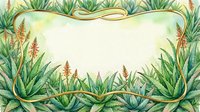 Watercolor aloe vera frame with golden border and blooming flowers, soft pastel background, copy space for text or design.