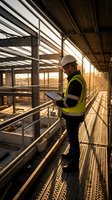 Construction worker in safety vest and hard hat using tablet on industrial scaffolding platform during golden hour sunset for project management and site inspection.