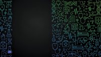 Medical healthcare science background with glowing neon outline icons including DNA, stethoscope, pills, microscope and laboratory equipment on dark surface.