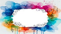 Colorful watercolor music frame with rainbow paint splashes, musical notes and treble clefs creating artistic border on white background for creative projects.