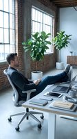 Relaxed businessman in modern loft office with exposed brick walls, large windows and green plants creating productive workspace atmosphere.