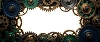 Steampunk mechanical gears and cogs frame border with vintage brass copper elements on white background for industrial design projects.