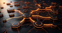 Abstract network connections with glowing orange nodes and links creating futuristic digital communication pattern for technology and data visualization concepts.