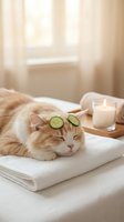 Orange tabby cat with cucumber slices on eyes relaxing on white towel during spa treatment with candle in peaceful home wellness setting.