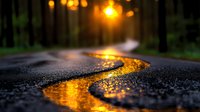 Wet asphalt road with golden reflections from street lights creating winding path through dark forest. Rain drops on pavement surface catch evening glow.