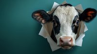 Curious Holstein dairy cow peeping through torn paper hole on turquoise background, close-up portrait showing expressive eyes and distinctive black and white markings.