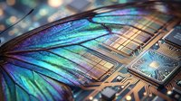 Iridescent butterfly wing merging with a circuit board, blending nature and technology in a futuristic macro concept of innovation and digital evolution.