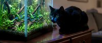 Black cat with striking blue eyes sitting on wooden furniture next to illuminated aquarium with aquatic plants, suitable for pet, home decor, and lifestyle content.