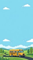 Cheerful yellow school bus traveling through rolling green countryside with fluffy white clouds dotting bright blue sky, featuring diverse young students visible through windows and birds flying overhead for educational transportation themes.