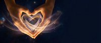 Hands forming glowing heart shape with golden light and sparkles on dark background, symbolizing love, care, and connection for wellness and relationship concepts.