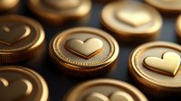 Golden coins with heart symbols arranged in rows, creating romantic financial concept with selective focus and warm metallic tones. Suitable for love and money themes.