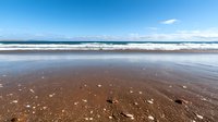 Serene sandy beach with gentle waves washing ashore under clear blue sky, showcasing natural coastal landscape for travel and vacation concepts.