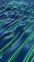 Abstract digital waves with glowing neon green circuit patterns flowing across dark blue undulating surfaces, representing data flow, technology, and digital transformation for tech backgrounds.