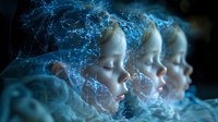 Multiple profiles of sleeping child faces with glowing blue ethereal network patterns and light effects creating dreamy supernatural atmosphere.