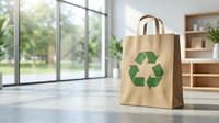 Eco-friendly brown paper shopping bag with green recycling symbol on wooden floor in modern home interior for sustainable lifestyle and environmental awareness.