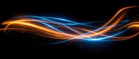 Abstract flowing light trails in orange and blue colors creating dynamic wave patterns against black background for modern digital design projects.