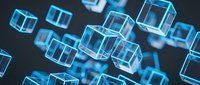 Floating translucent blue cubes with glowing neon edges on dark background, representing digital technology, data processing, blockchain, and modern computing concepts for tech presentations.
