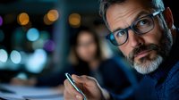 Mature businessman with glasses and beard using smartphone in modern office with bokeh lights background for professional communication concepts.