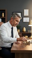 Mature Caucasian businessman in white shirt and tie stacking gold coins at wooden desk in modern office, financial planning and wealth management concept.