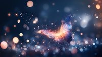 Magical glowing butterfly with light sparkles on dark blue background. Luminous wings emit warm orange light creating dreamy atmosphere for fantasy designs.