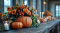 Autumn floral arrangement in carved pumpkin with orange roses, gerbera daisies and seasonal flowers on rustic table with glowing candles and festive decor.
