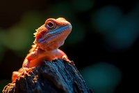 Colorful bearded dragon lizard basking on wooden surface with vibrant orange and blue scales in natural sunlight creating warm atmospheric bokeh background.