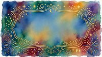 Ornate decorative frame with golden flourishes and fireworks on vibrant rainbow watercolor background, suitable for invitations, celebrations, and festive design projects.