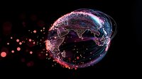 Glowing digital world map with neon pink and blue light trails forming a spherical shape against dark background, surrounded by luminous particles and bokeh effects.