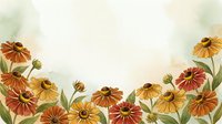 Watercolor autumn flowers border frame with orange yellow blooms and green leaves on soft background for greeting cards and seasonal designs.